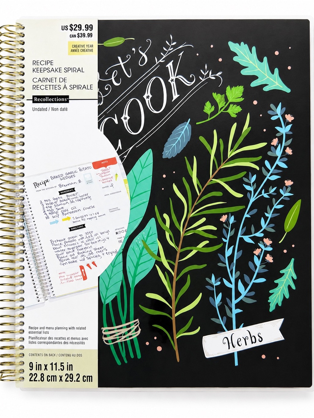 Recollections Black Spiral Recipe Keepsake Notebook with Botanical Herb Artwork